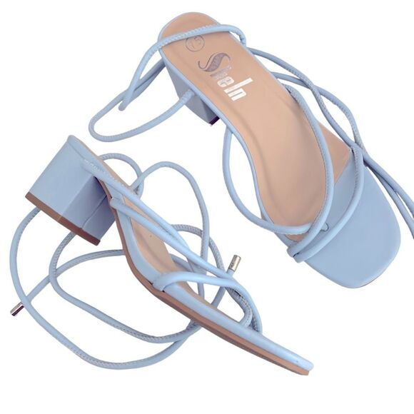 Sheln Chunky Pale Blue Heeled Sandals Heels Strappy Wedding Dance Women’s 7.5 - Picture 1 of 11